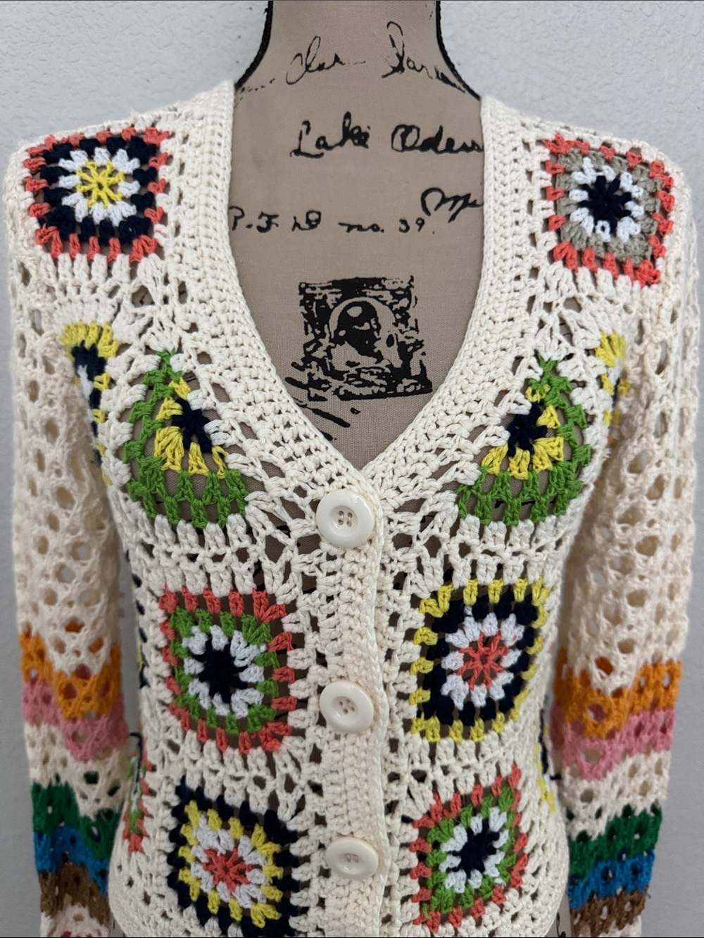 Crochet Patchwork Knit Cardigan Sweater Lightweight Boho Size Medium - Picture 2 of 9